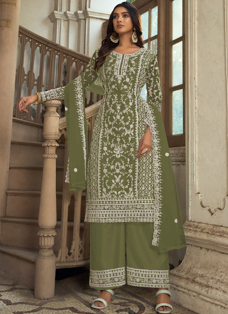 Vegaa Fashion Olive Premium Net Embroidered Traditional Palazzo Suit