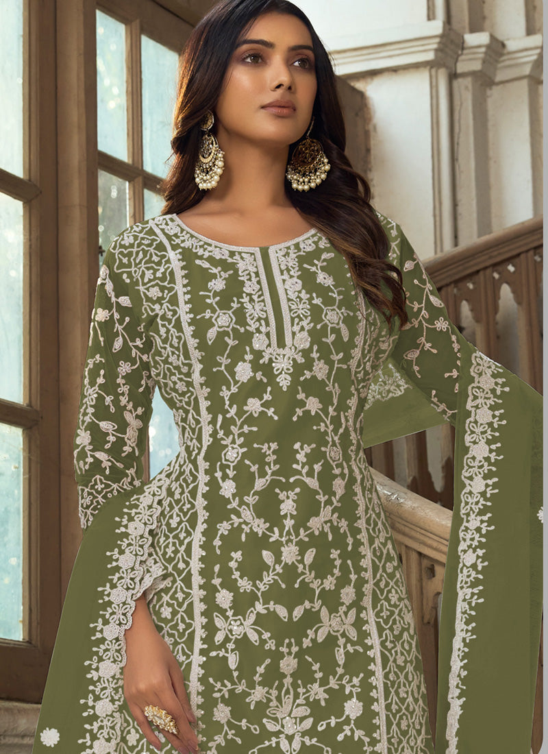 Vegaa Fashion Olive Premium Net Embroidered Traditional Palazzo Suit