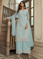 Vegaa Fashion Sky Blue Premium Net Embroidered Traditional Palazzo Suit
