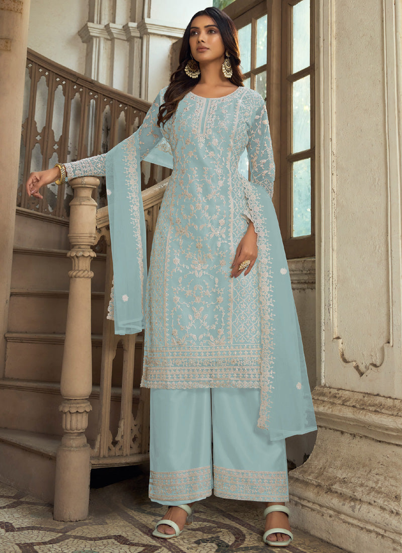 Vegaa Fashion Sky Blue Premium Net Embroidered Traditional Palazzo Suit