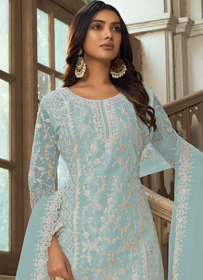 Vegaa Fashion Sky Blue Premium Net Embroidered Traditional Palazzo Suit