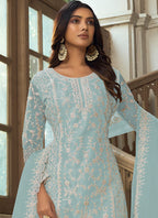 Vegaa Fashion Sky Blue Premium Net Embroidered Traditional Palazzo Suit