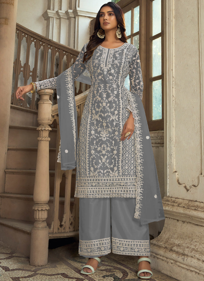 Vegaa Fashion Grey Premium Net Embroidered Traditional Palazzo Suit