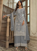 Vegaa Fashion Grey Premium Net Embroidered Traditional Palazzo Suit