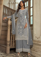 Vegaa Fashion Grey Premium Net Embroidered Traditional Palazzo Suit