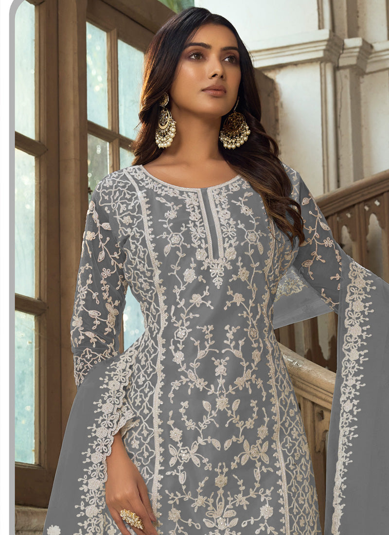Vegaa Fashion Grey Premium Net Embroidered Traditional Palazzo Suit