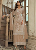 Vegaa Fashion Beige Premium Net Embroidered Traditional Palazzo Suit