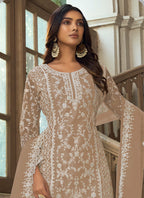 Vegaa Fashion Beige Premium Net Embroidered Traditional Palazzo Suit