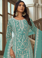 Vegaa Fashion Aqua Blue Premium Net Embroidered Traditional Palazzo Suit