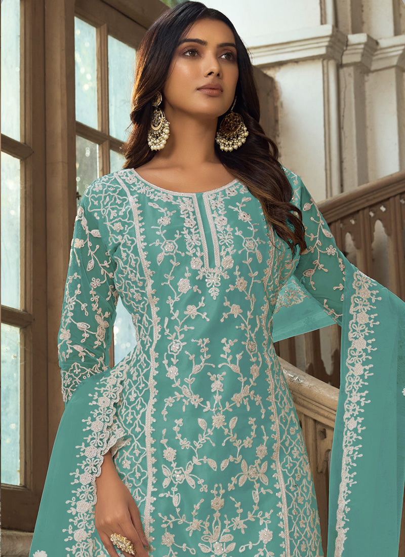 Vegaa Fashion Aqua Blue Premium Net Embroidered Traditional Palazzo Suit