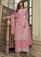 Vegaa Fashion Pink Premium Net Embroidered Traditional Palazzo Suit