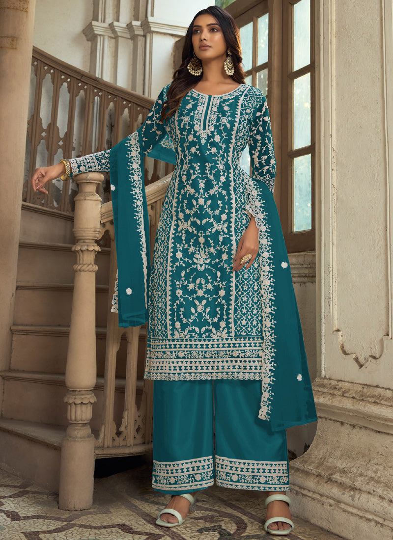 Vegaa Fashion Teal Premium Net Embroidered Traditional Palazzo Suit