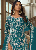 Vegaa Fashion Teal Premium Net Embroidered Traditional Palazzo Suit