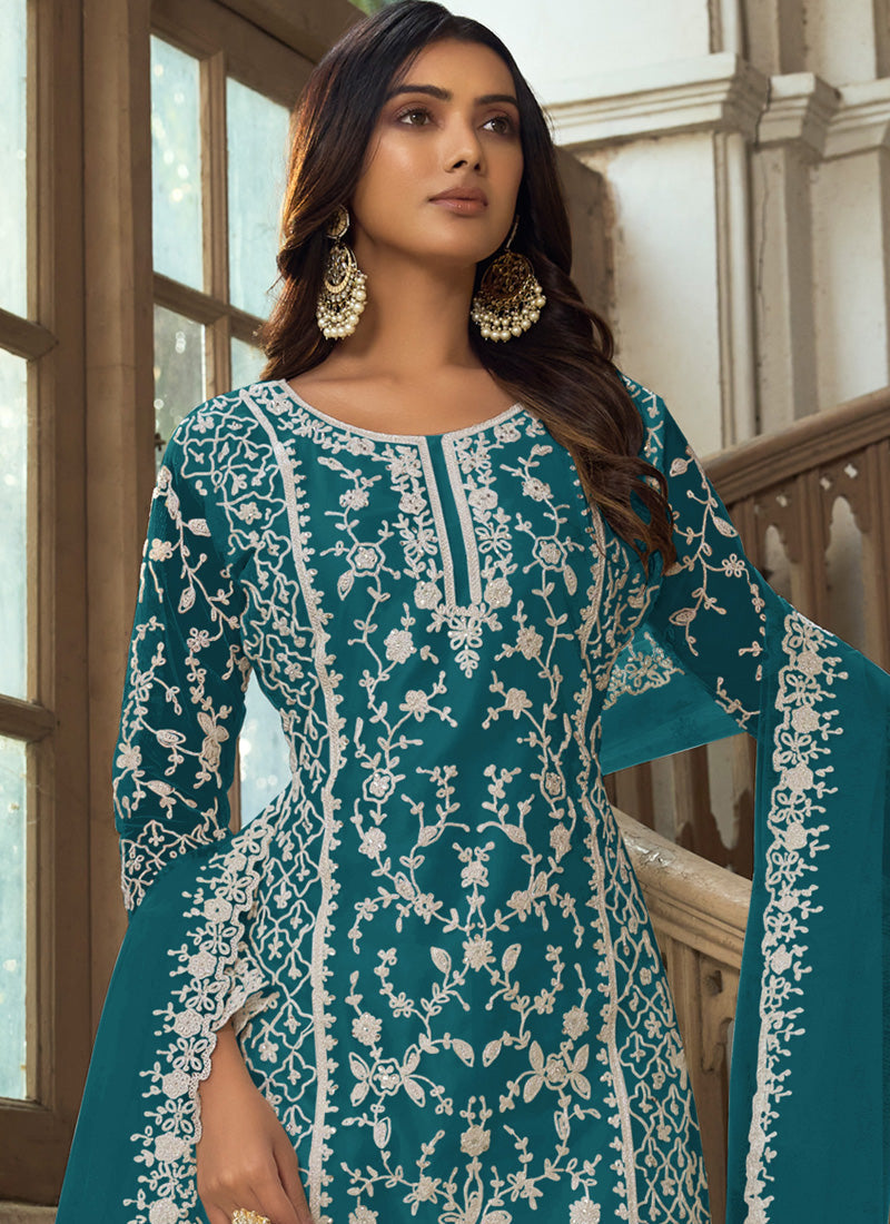 Vegaa Fashion Teal Premium Net Embroidered Traditional Palazzo Suit
