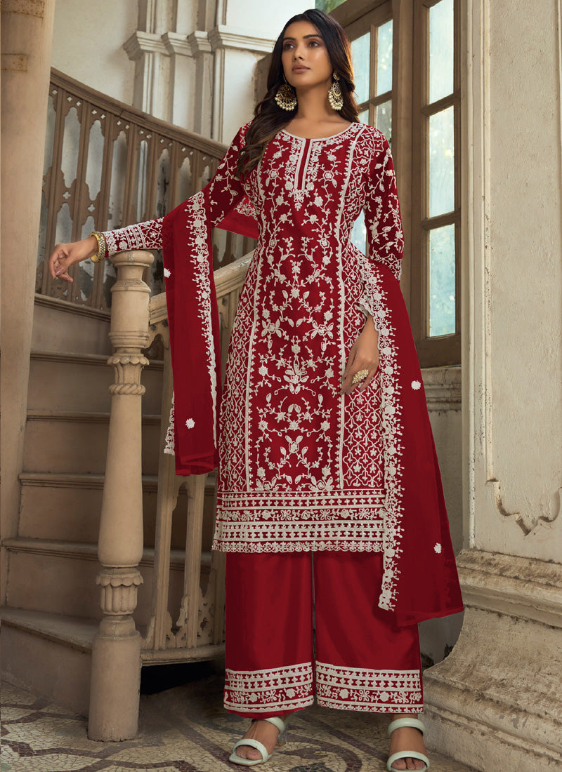 Vegaa Fashion Maroon Premium Net Embroidered Traditional Palazzo Suit