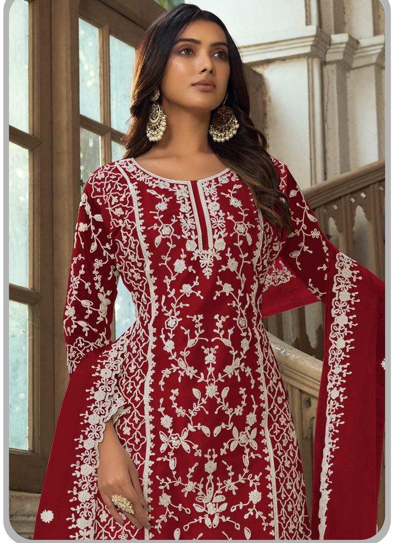 Vegaa Fashion Maroon Premium Net Embroidered Traditional Palazzo Suit