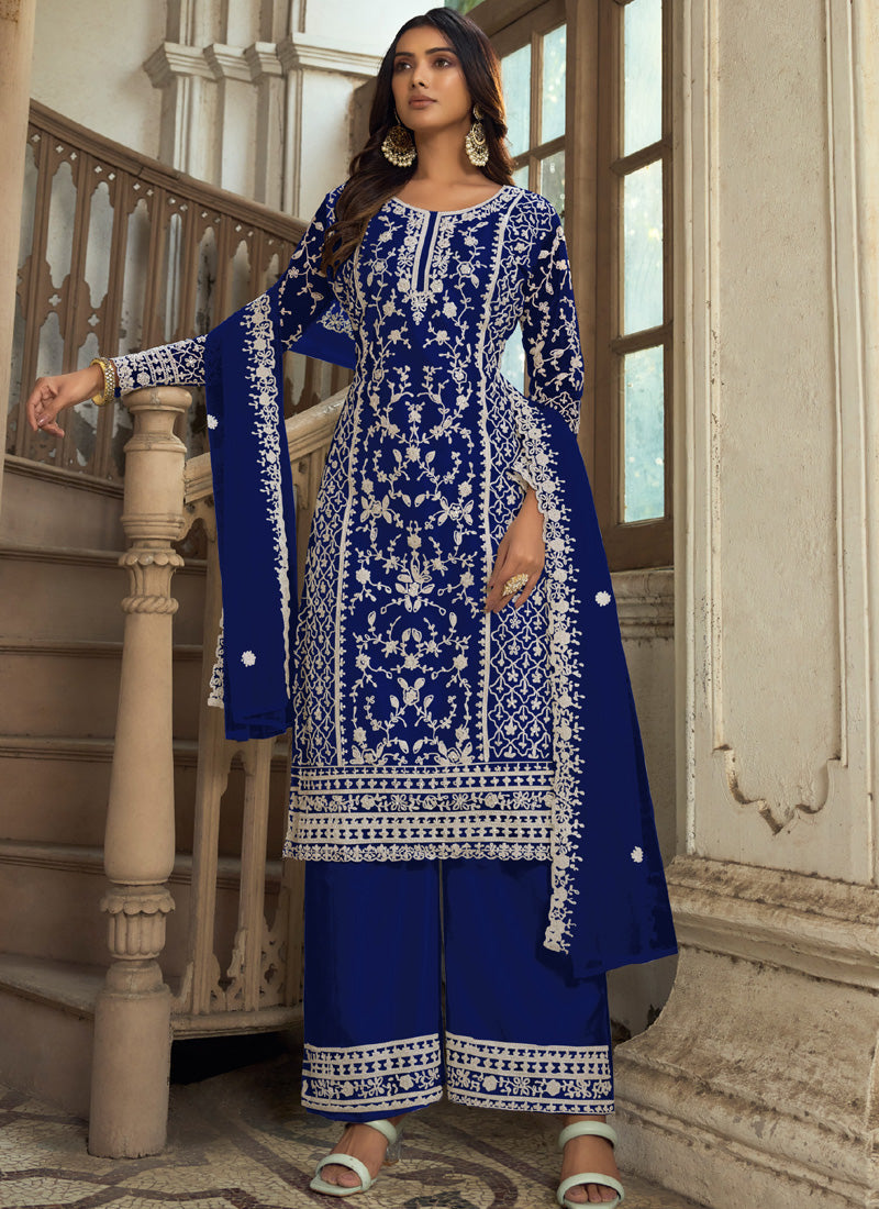 Vegaa Fashion Blue Premium Net Embroidered Traditional Palazzo Suit