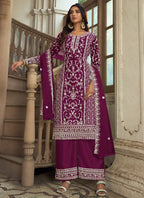 Vegaa Fashion Wine Premium Net Embroidered Traditional Palazzo Suit