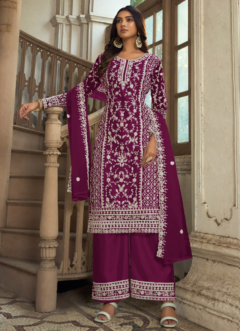 Vegaa Fashion Wine Premium Net Embroidered Traditional Palazzo Suit