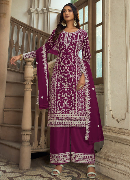 Vegaa Fashion Wine Premium Net Embroidered Traditional Palazzo Suit
