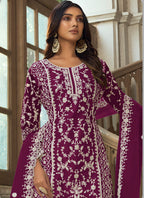 Vegaa Fashion Wine Premium Net Embroidered Traditional Palazzo Suit