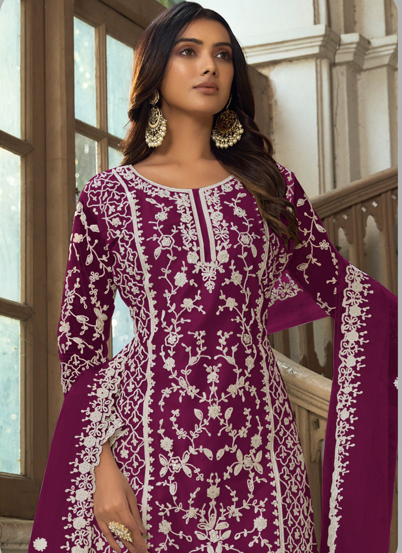 Vegaa Fashion Wine Premium Net Embroidered Traditional Palazzo Suit