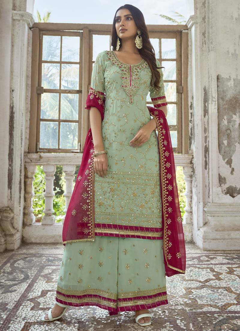 Vegaa Fashion Sea Green Georgette Embroidery Party Wear Palazzo