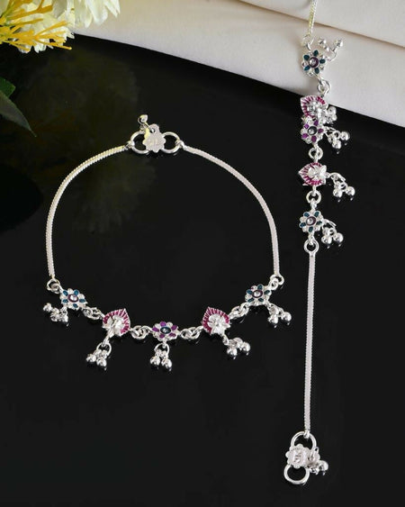 VOJ Set of 2 Silver Plated Designer Multi Color Anklet