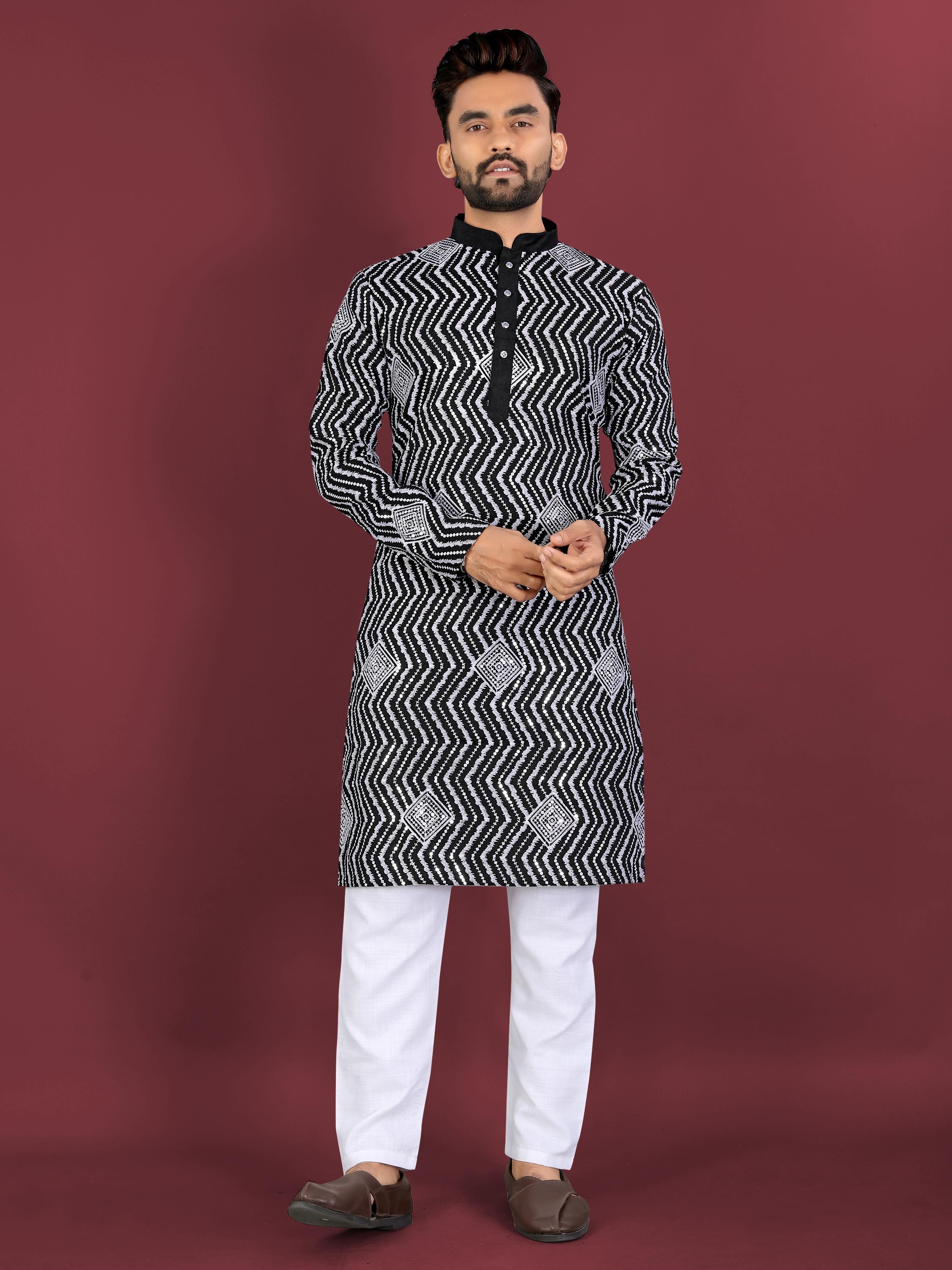 Neera Trendz Black Soft Silk Embroidered Men's Kurta Pyjama