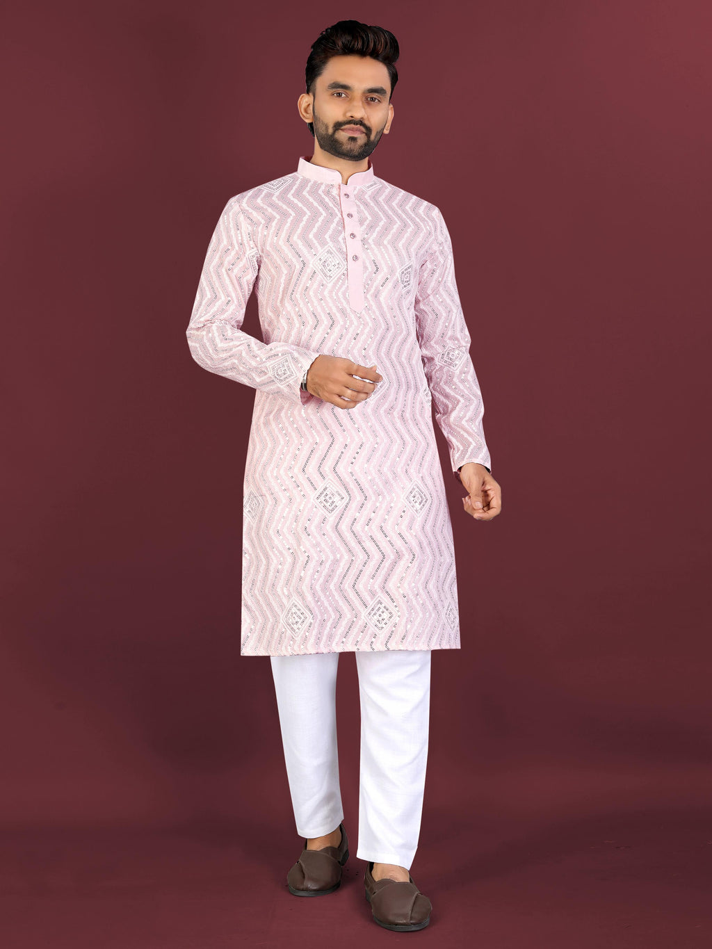 Neera Trendz Pink Soft Silk Embroidered Men's Kurta Pyjama