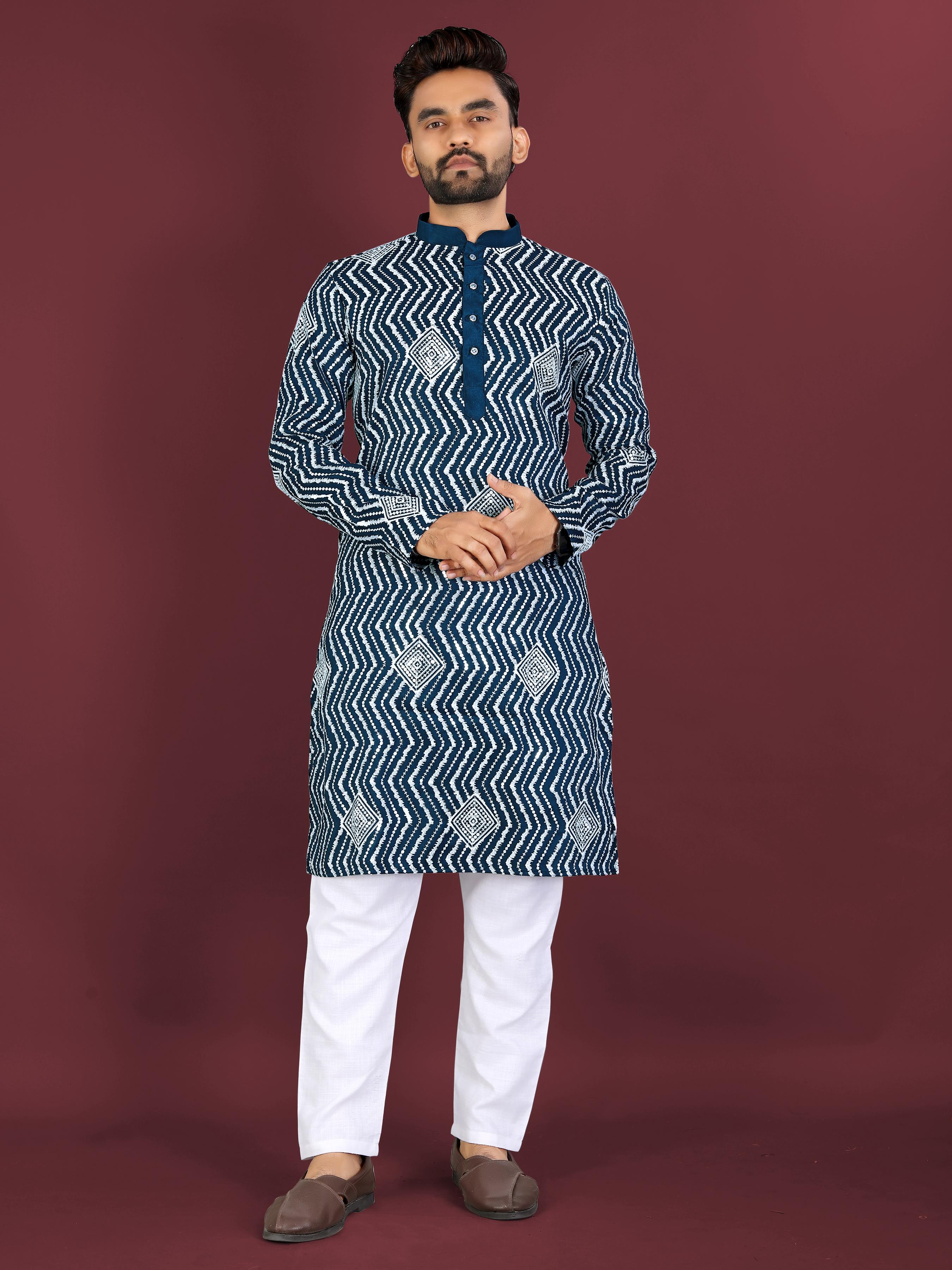 Neera Trendz Teal Soft Silk Embroidered Men's Kurta Pyjama