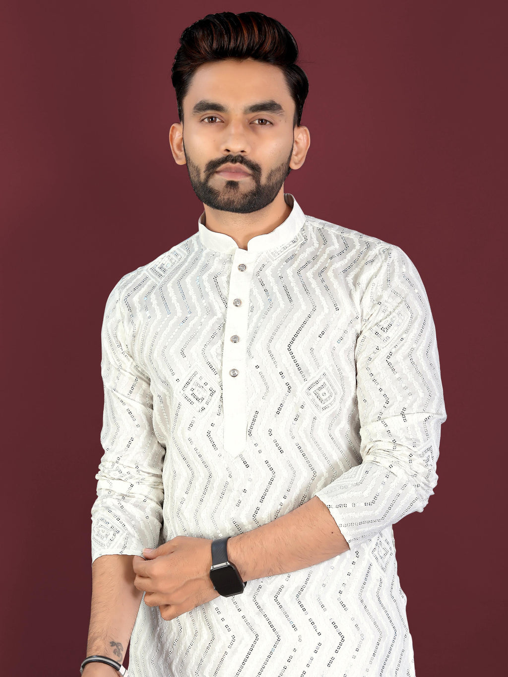 Neera Trendz White Soft Silk Embroidered Men's Kurta Pyjama