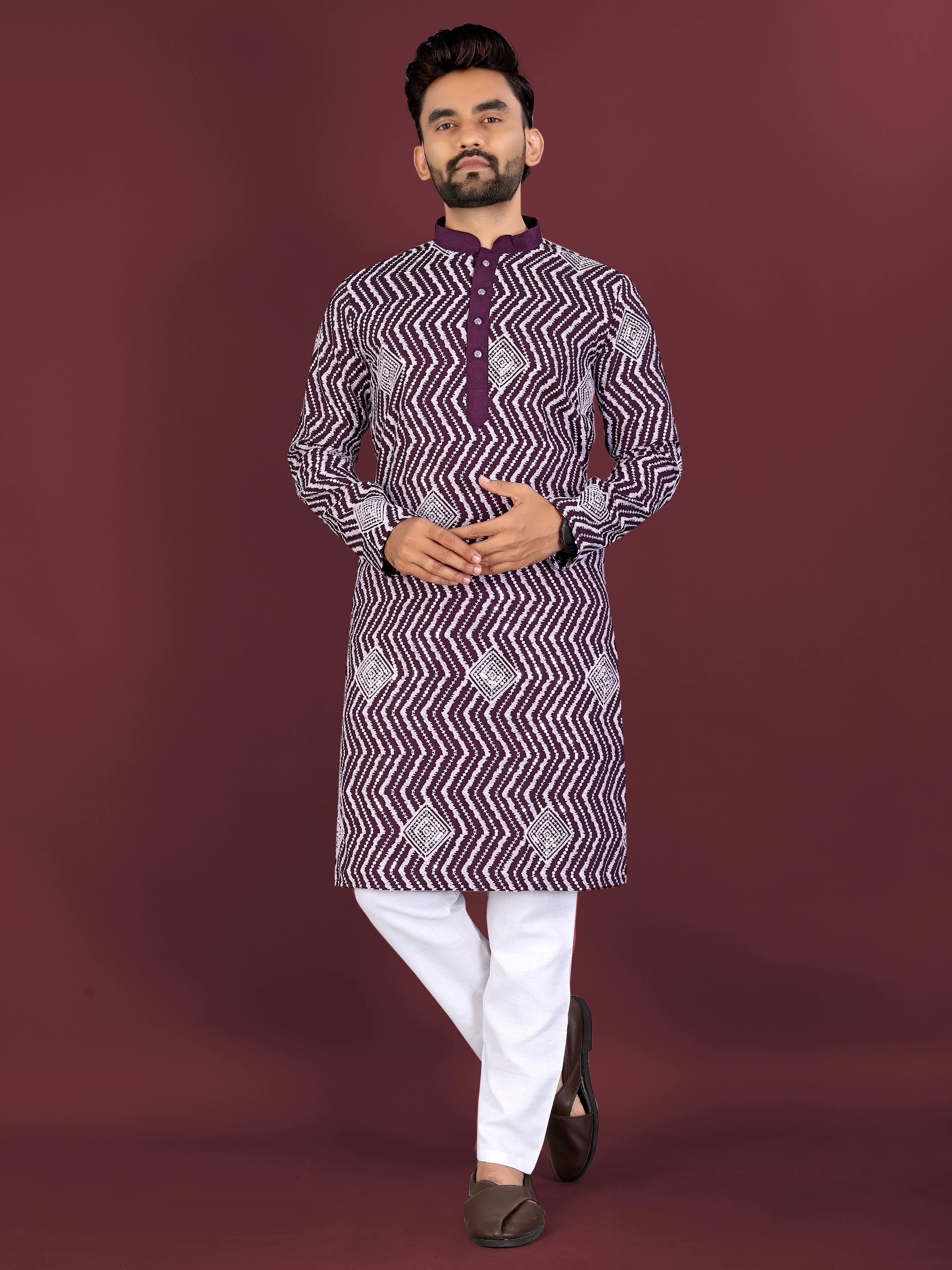 Neera Trendz Wine Soft Silk Embroidered Men's Kurta Pyjama