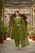 The52 Women's Beautiful Cotton Fabric Embroidery Work Flared Anarkali Pant and Dupatta Set - Distacart