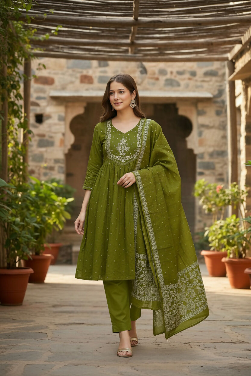 The52 Women's Beautiful Cotton Fabric Embroidery Work Flared Anarkali Pant and Dupatta Set - Distacart