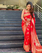 Vamika Weaving Banarasi Jacquard Red Kanjivaram Saree - Distacart