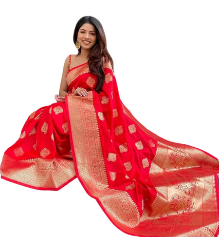 Vamika Weaving Banarasi Jacquard Red Kanjivaram Saree