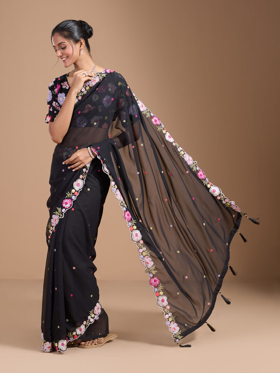 Vamika Embroidery Black Georgette Bollywood Saree - Distacart