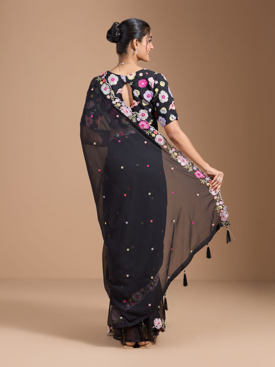 Vamika Embroidery Black Georgette Bollywood Saree - Distacart