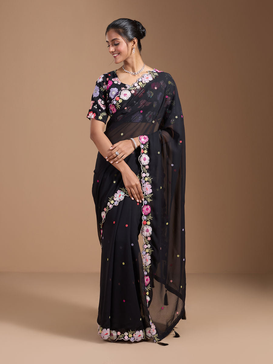 Vamika Embroidery Black Georgette Bollywood Saree - Distacart