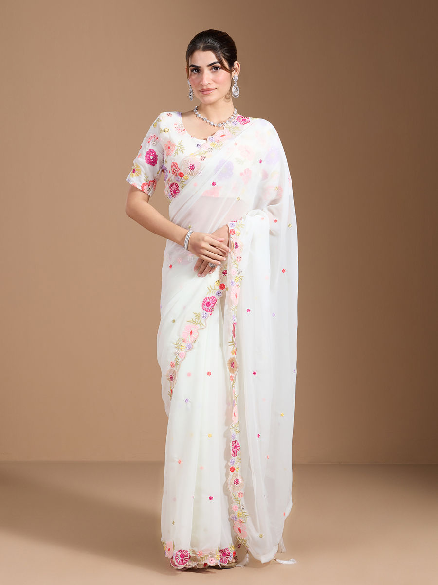 Vamika Embroidery Cream Georgette Bollywood Saree - Distacart