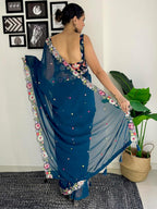 Vamika Embroidery Rama Green Georgette Bollywood Saree