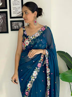 Vamika Embroidery Rama Green Georgette Bollywood Saree