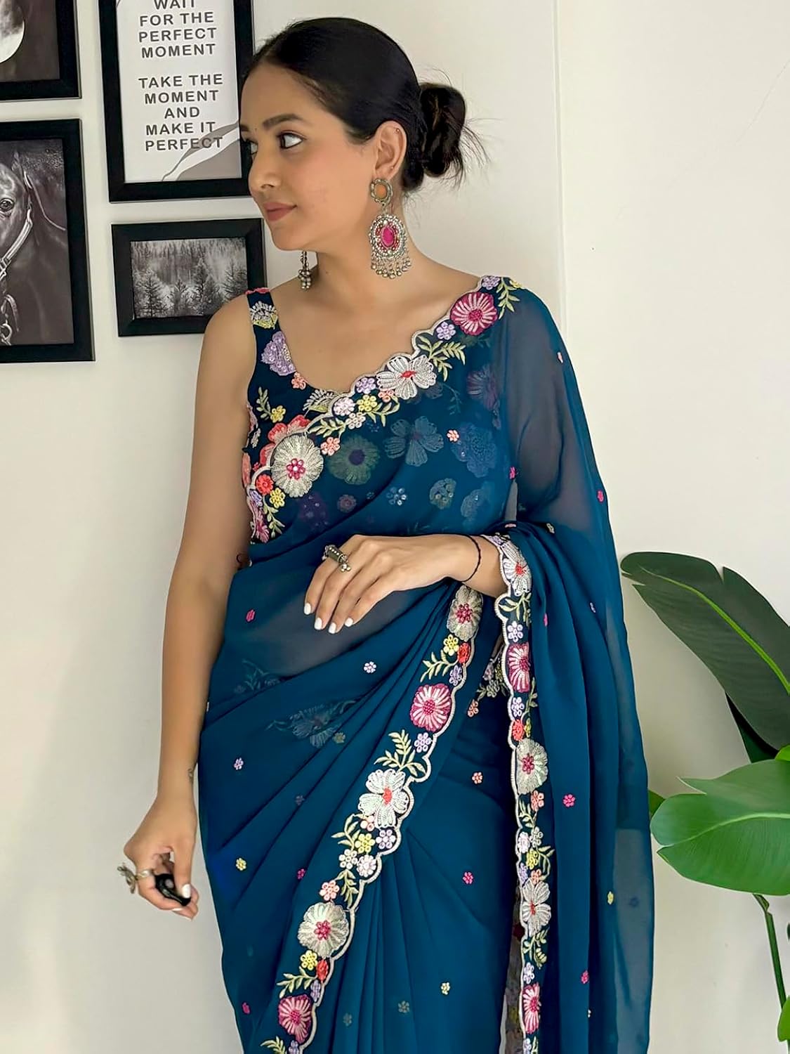 Vamika Embroidery Rama Green Georgette Bollywood Saree