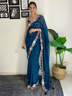 Vamika Embroidery Rama Green Georgette Bollywood Saree