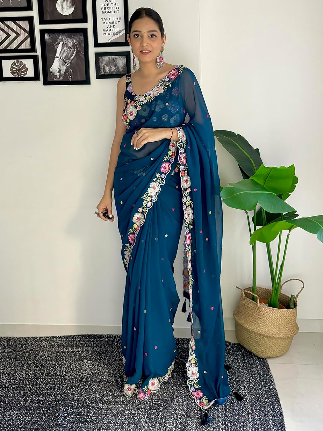 Vamika Embroidery Rama Green Georgette Bollywood Saree
