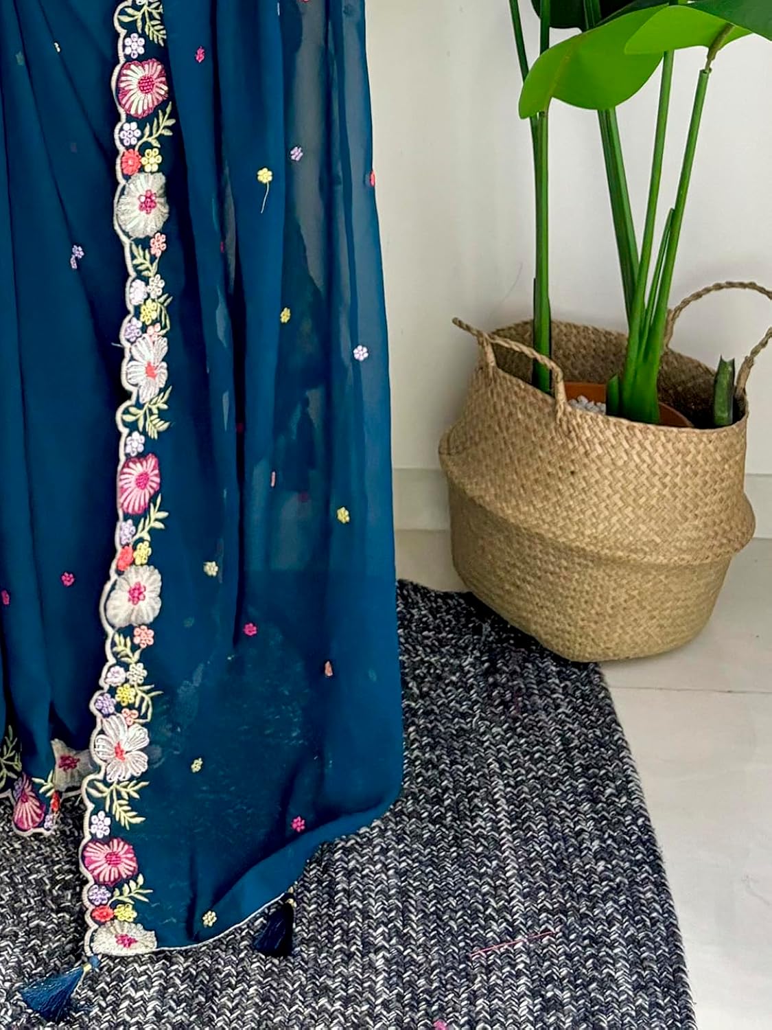 Vamika Embroidery Rama Green Georgette Bollywood Saree