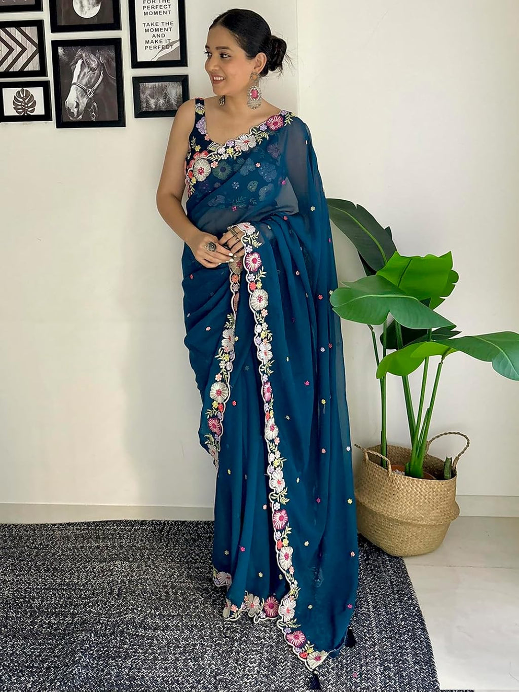 Vamika Embroidery Rama Green Georgette Bollywood Saree