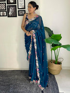 Vamika Embroidery Rama Green Georgette Bollywood Saree