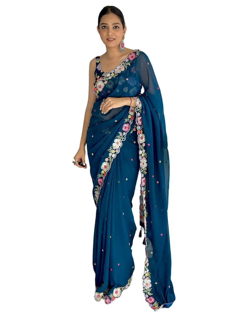 Vamika Embroidery Rama Green Georgette Bollywood Saree